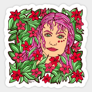 Pink Flower Girl and Green Leaves Sticker